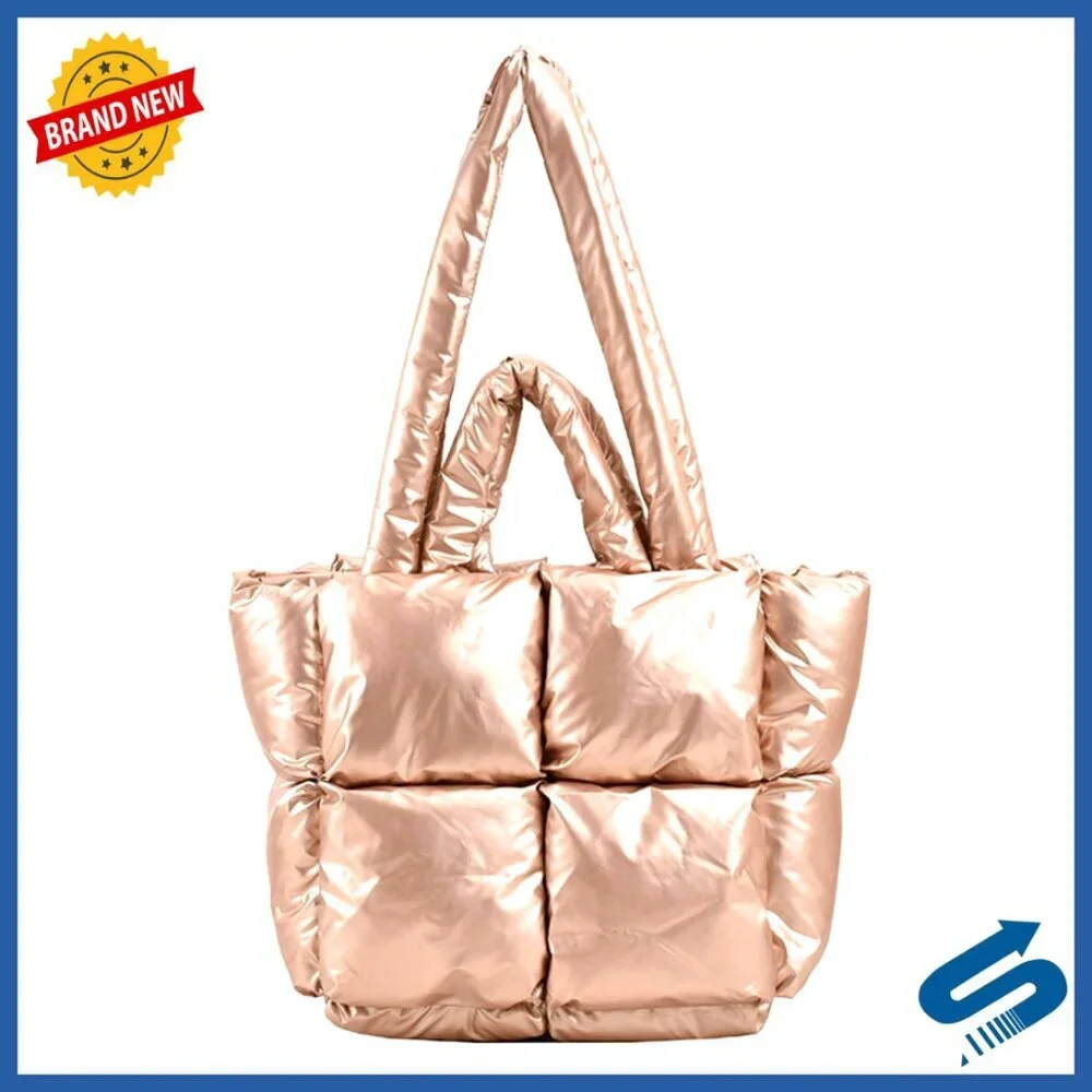 Large Padded Puffer Tote Bag with Lattice Design, Shoulder Strap